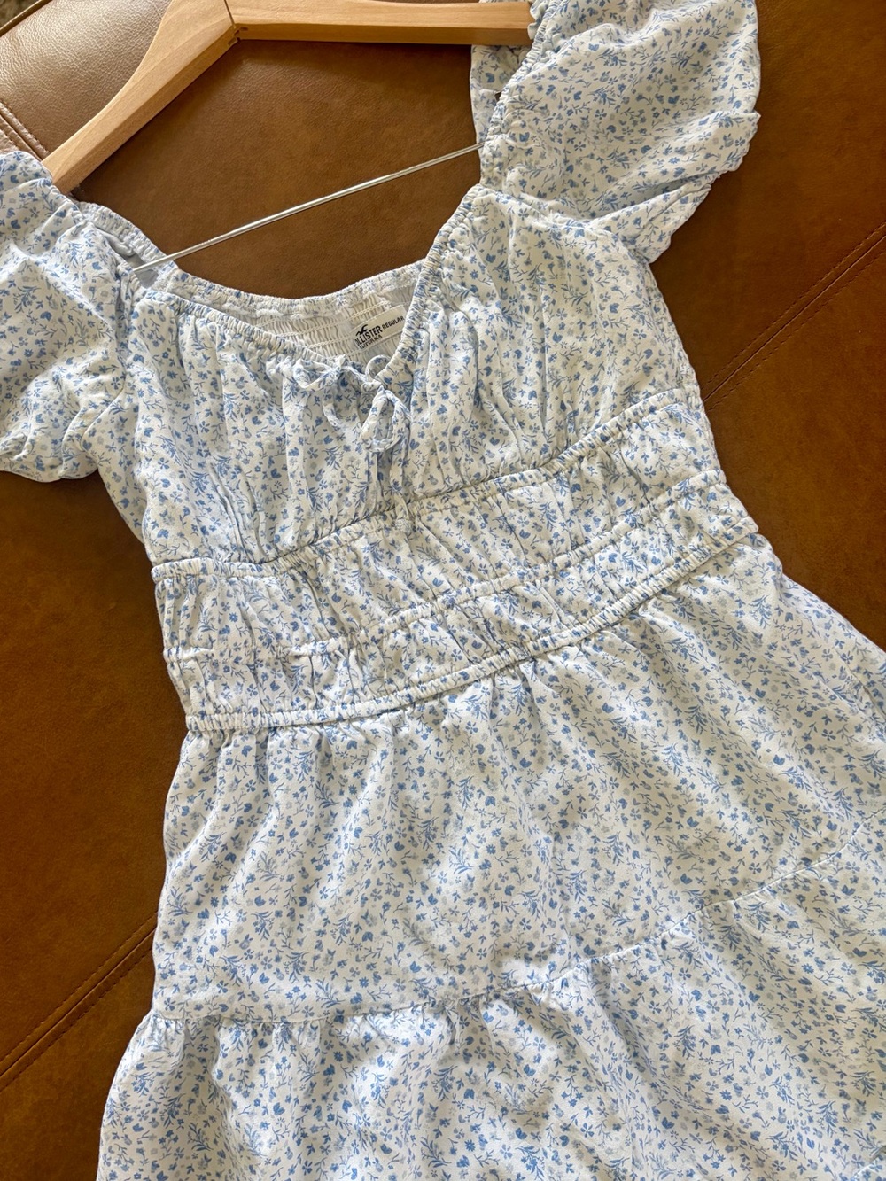 Hollister Light Blue & White Floral Smocked Puff Sleeve Mini Dress
